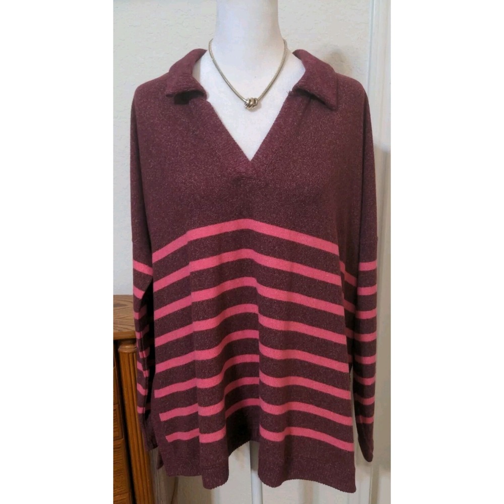 Maurices Women's Oversized Large Maroon & Pink Striped V-Neck Sweater